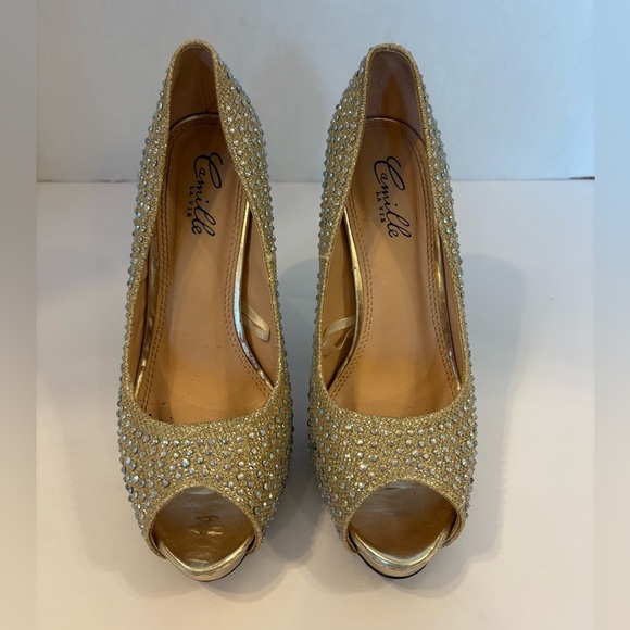 Camille La Vie gold peep toe pump Stilleto w/ rhinestones heels shoes size 8 - Picture 1 of 11